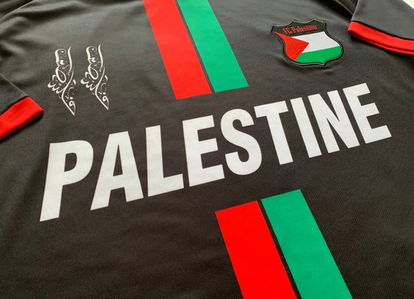 Palestine Football Shirt Black English Red & Green Stripes