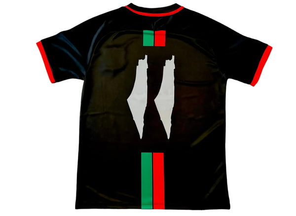 Palestine Football Shirt Black Arabic Red & Green Stripes