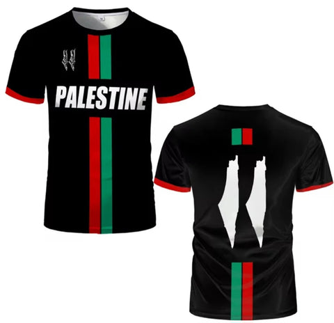 Palestine Football Shirt Black English Red & Green Stripes