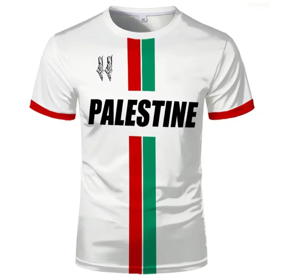 Palestine Football Shirt White English Red & Green Stripes